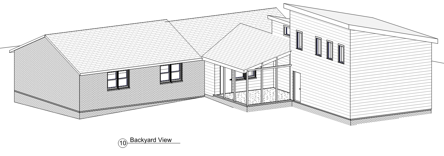 A 3d rendering of the same house as before, except the taller addition is facing the camera.