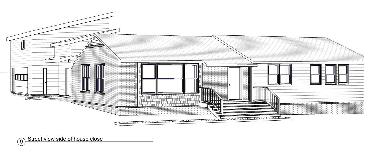 A 3d rendering of a house, with a flatter portion closer to the camera and a taller portion horizontal to that, away from the camera.